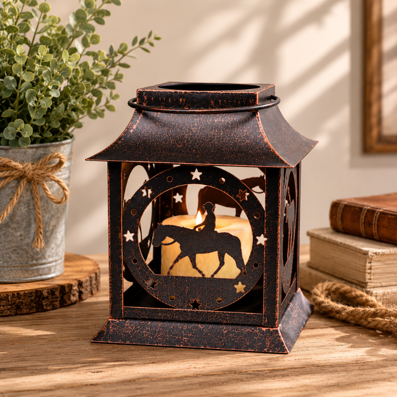 Western horse lantern candle holder displayed in a neutral interior with soft natural light and decorative accessories.