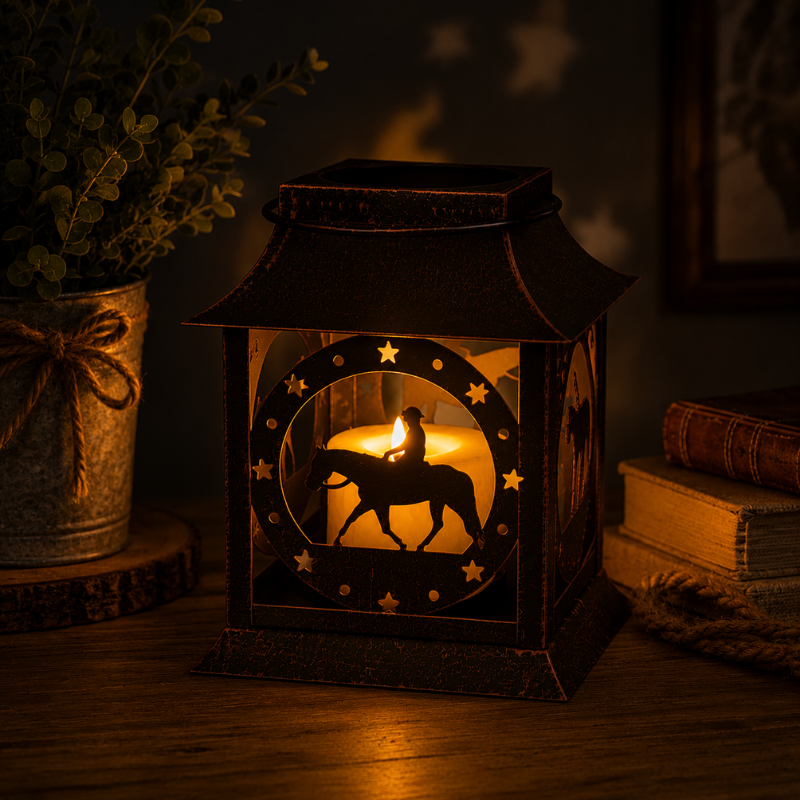 Horse silhouette lantern glowing in a cozy evening setting with candlelight and rustic western décor.
