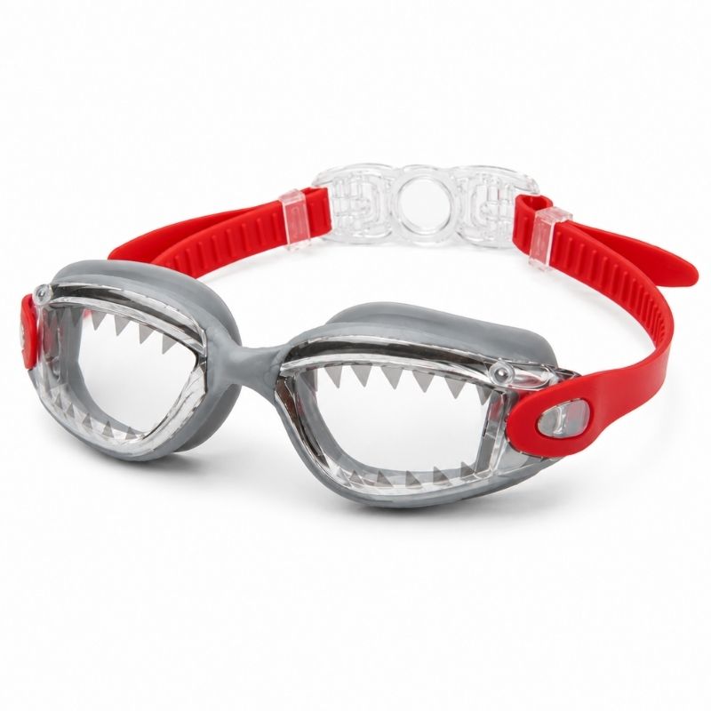 Shark Grey JAWS swim goggles with red adjustable strap and shark teeth design on a white background