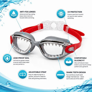 Shark Grey JAWS swim goggles infographic showing anti-fog lenses, UV protection, leak-proof seal, and adjustable strap