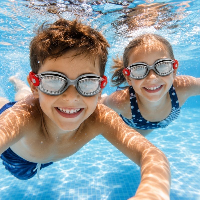 Two children swimming underwater wearing Shark Grey JAWS swim goggles in a bright swimming pool