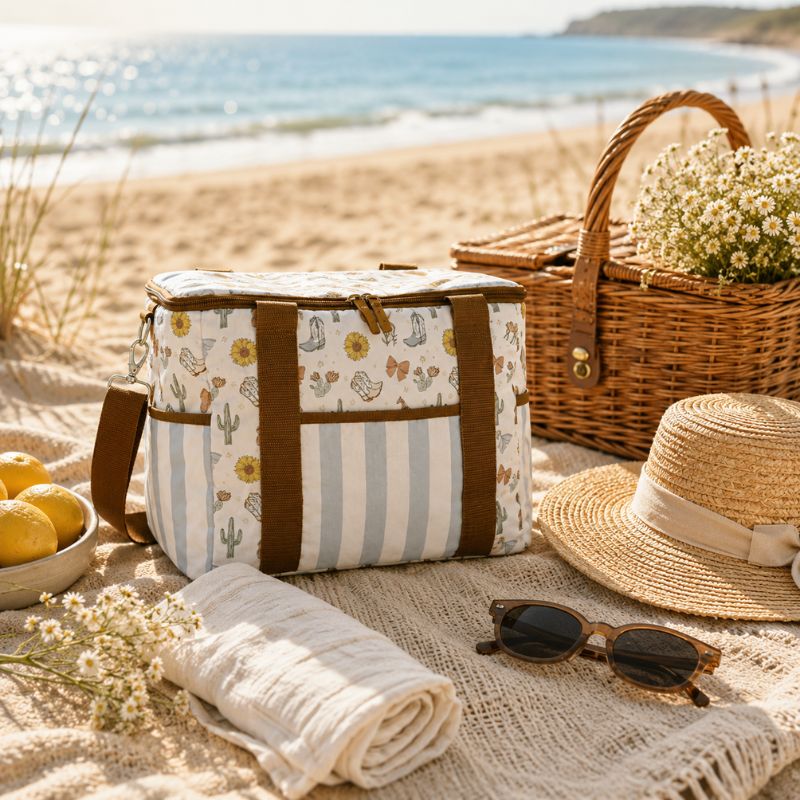 A Saddle & Bloom cooler bag sits on a sandy beach picnic setup, surrounded by a straw hat, sunglasses, a rolled cream towel, lemons, a wicker basket with flowers, and the ocean in the background.