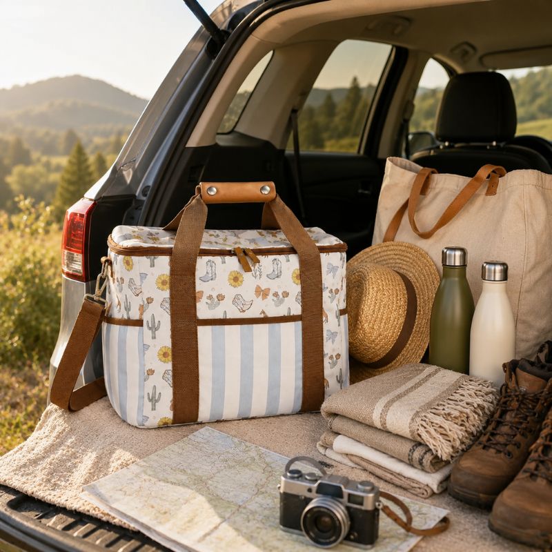 A Saddle & Bloom Cooler Bag with brown handles and a striped base is displayed in the open trunk of a car, surrounded by camping accessories including a canvas tote bag, a straw hat, water bottles, folded blankets, hiking boots, and a camera, with a scenic outdoor landscape in the background.