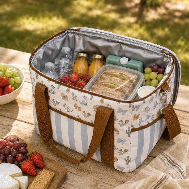 A Saddle & Bloom Cooler Bag sits open on a wooden picnic table, filled with water bottles, juice boxes, a sandwich, and fruit. The bag has a cream base with light blue vertical stripes and a small cactus-and-butterfly print, plus brown handles and trim.
