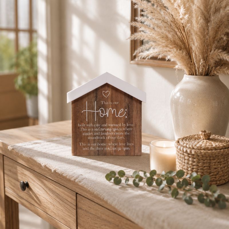 A Saddle & Bloom Home Blockword is displayed on a rustic wooden table in a warm, sunlit room. The scene includes a beige ceramic vase with dried pampas grass, a lit candle, and a woven basket.