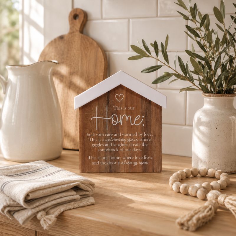 A Saddle & Bloom Home Blockword sits on a wooden table in a styled kitchen setting. A white pitcher, cutting board, folded cloth, bead garland, and vase with greenery are arranged around it.