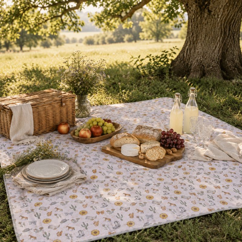 A Saddle & Bloom Picnic Rug is spread out on a grassy lawn under a large tree. A wicker picnic basket, plates, bread, cheese, grapes, and glass bottles are arranged on the blanket, creating a cozy outdoor scene.