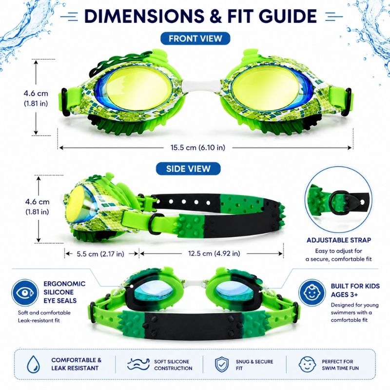 Rattlesnake Royal Serpent swim goggles dimensions guide showing front, side, and back measurements for kids