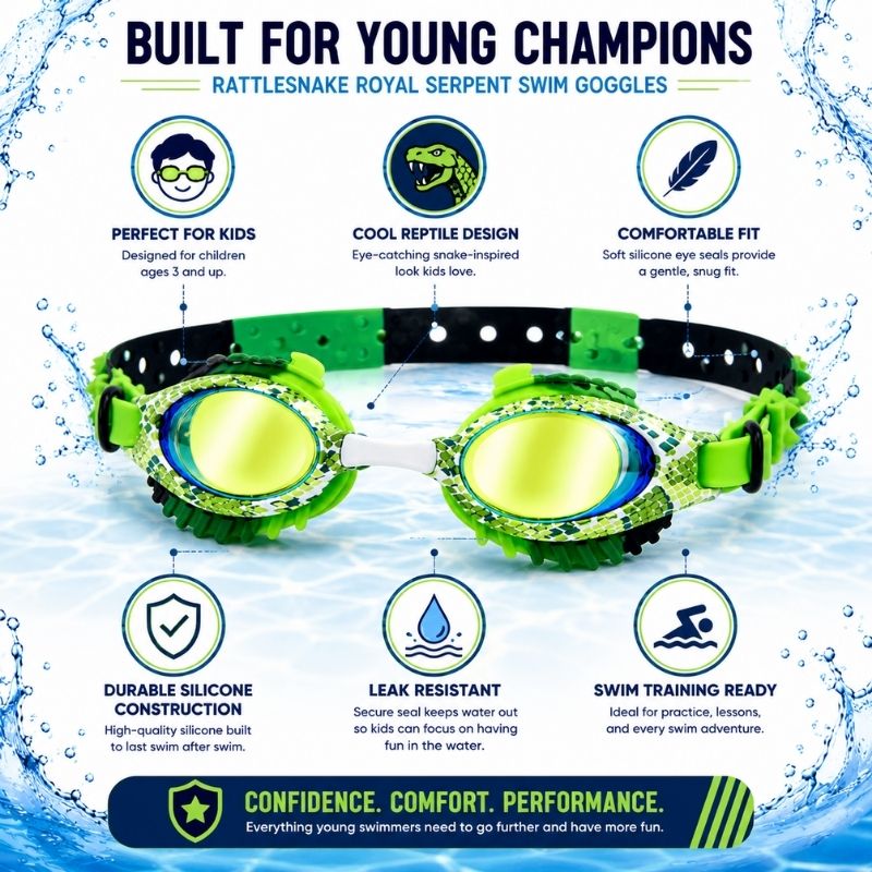 Rattlesnake Royal Serpent swim goggles infographic highlighting comfort, durability, leak resistance, and swim training features