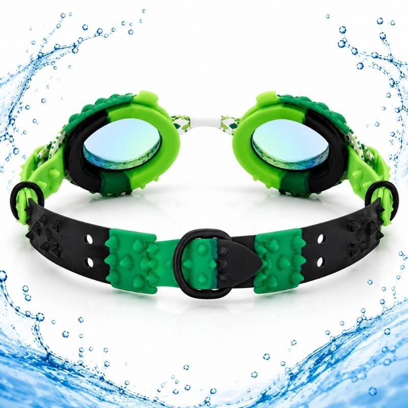 Back view of Rattlesnake Royal Serpent swim goggles showing adjustable silicone strap and textured reptile details