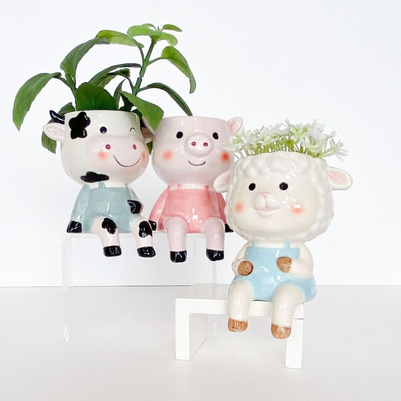 Sitting Sheep Planter White & Light Blue