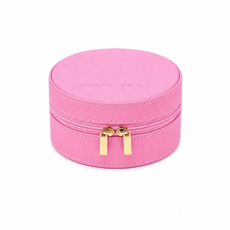A Small Jewellery Case – Berry with a double zipper closure and gold-tone pull tabs, featuring the brand name 'MINDFUL MARLO' debossed on the lid, set against a plain white background.