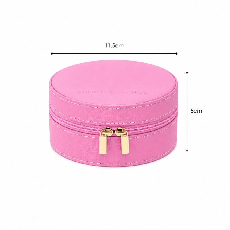 Small Jewellery Case – Berry with gold zipper pulls, shown on a white background with dimension lines indicating 11.5cm width, 5cm height, and implied depth of 5cm.