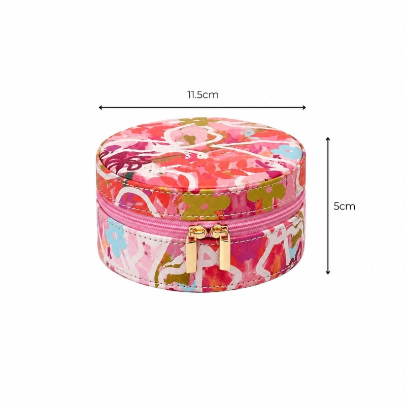 A rSmall Jewellery Case – Ivy with a colorful floral and abstract print in pink, red, orange, green, and blue, featuring a pink zipper and gold-tone hardware. Black dimension lines indicate a width of 11.