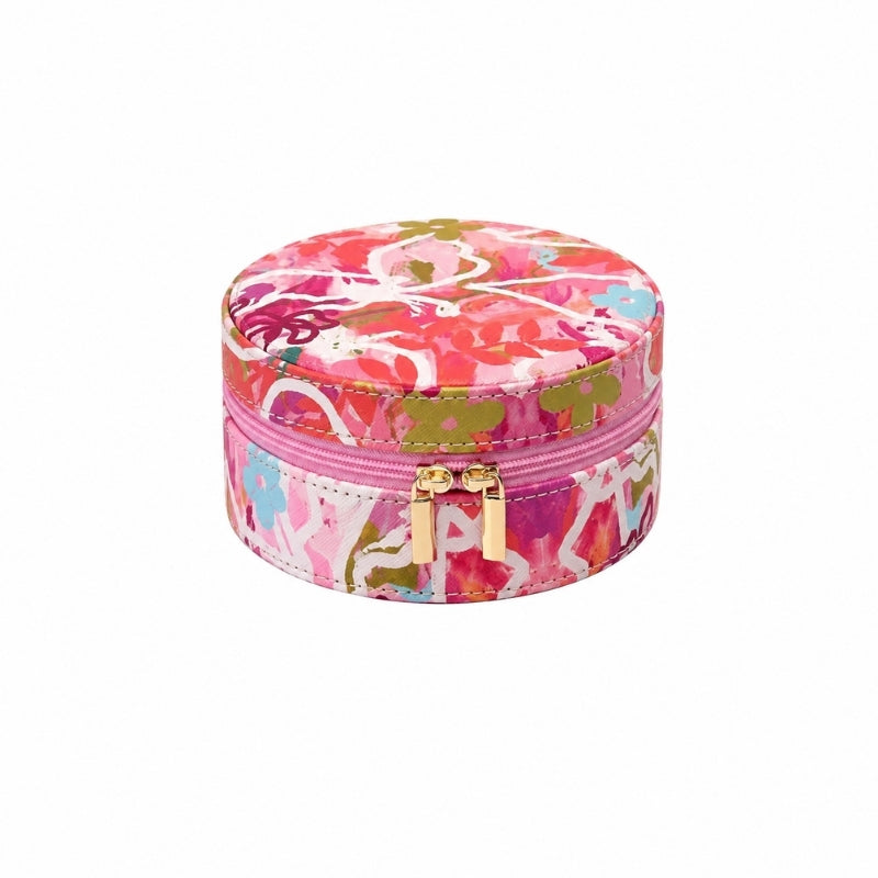 A Small Jewellery Case – Ivy with a vibrant pink, red, and green abstract floral pattern, featuring a gold-tone zipper pull, set against a plain white background.