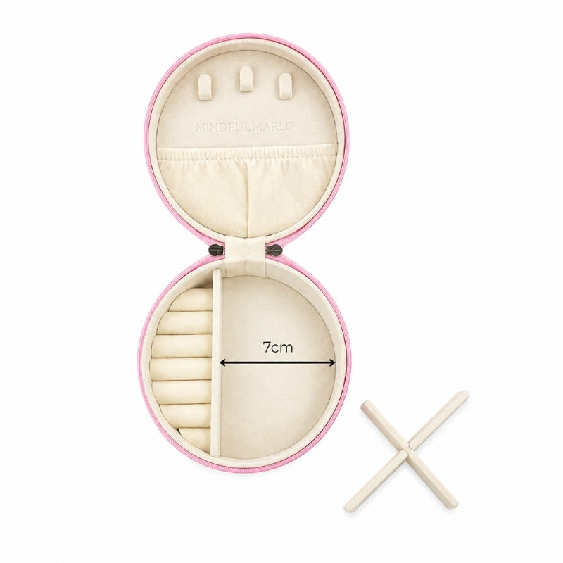 An open small jewelry case—Ivy—with a pink exterior and cream interior, shown on a white background with a small wooden X-shaped tool and a 7cm dimension marker.