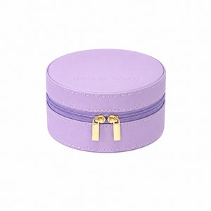 A Small Travel Jewellery Case_Violet with gold-tone zipper pulls and white stitching, shown on a plain white background.