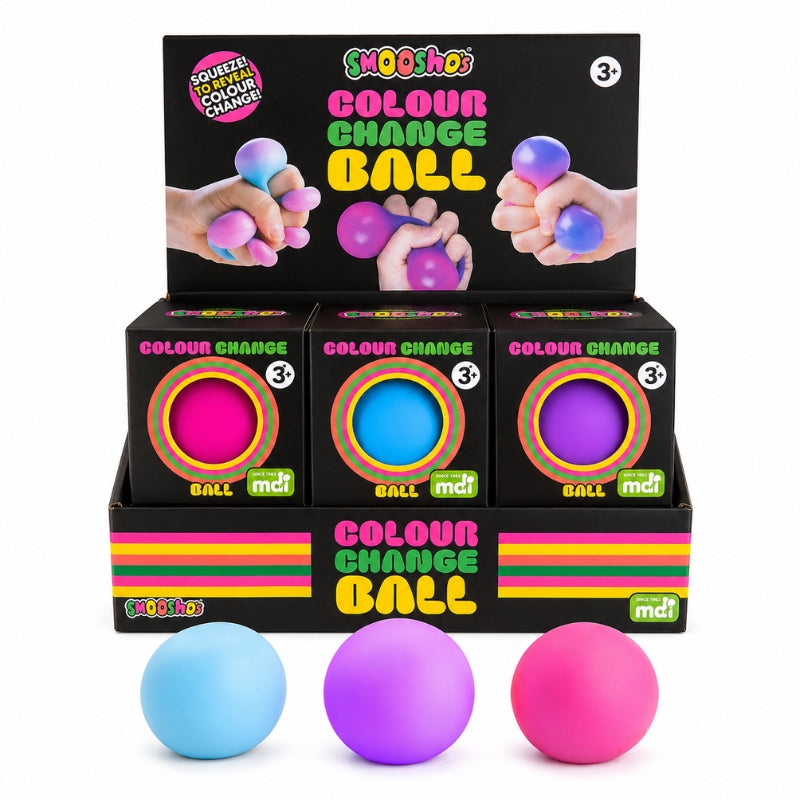 A retail display box of Smoothio Colour Change Balls, showing three black boxes with colorful circular windows revealing pink, blue, and purple balls inside, with three matching balls in front on a white background.