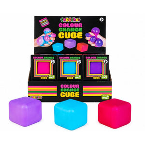 Smoosho's Colour Change Cube – Sensory Squishy Toy in purple, blue, and pink, displayed in front of their black retail packaging box on a white background.