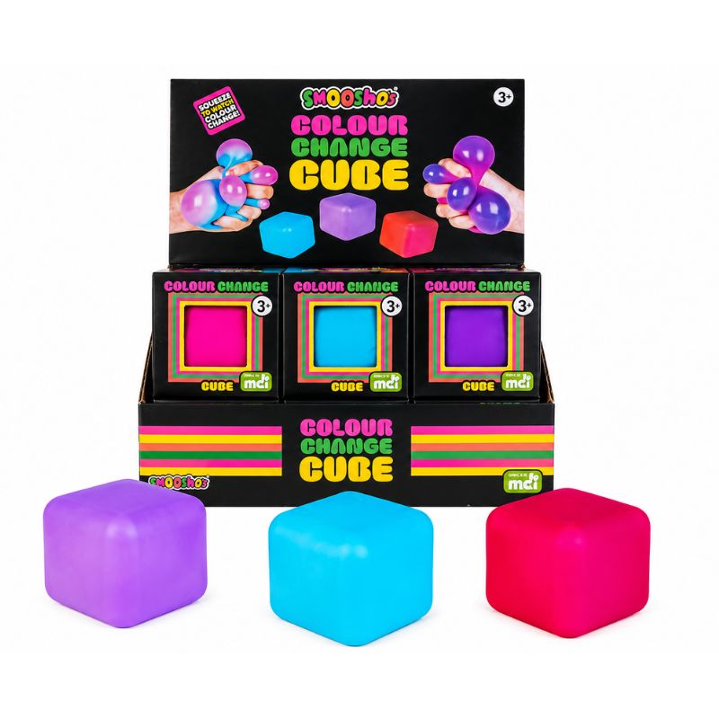 Smoosho's Colour Change Cube – Sensory Squishy Toy in purple, blue, and pink, displayed in front of their black retail packaging box on a white background.