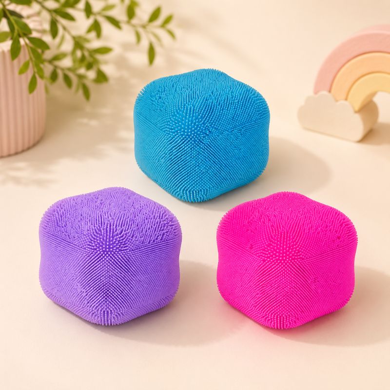 Smoosho's Colour Change Furry Cube in bright blue, purple, and hot pink, arranged on a light beige surface with soft decorative background elements.