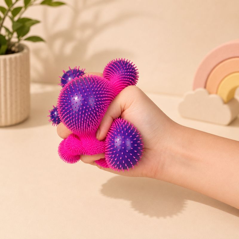 A hand squeezing a Smoosho's Colour Change Furry Cube shown in a soft, warm indoor setting with a plant and pastel rainbow in the background.