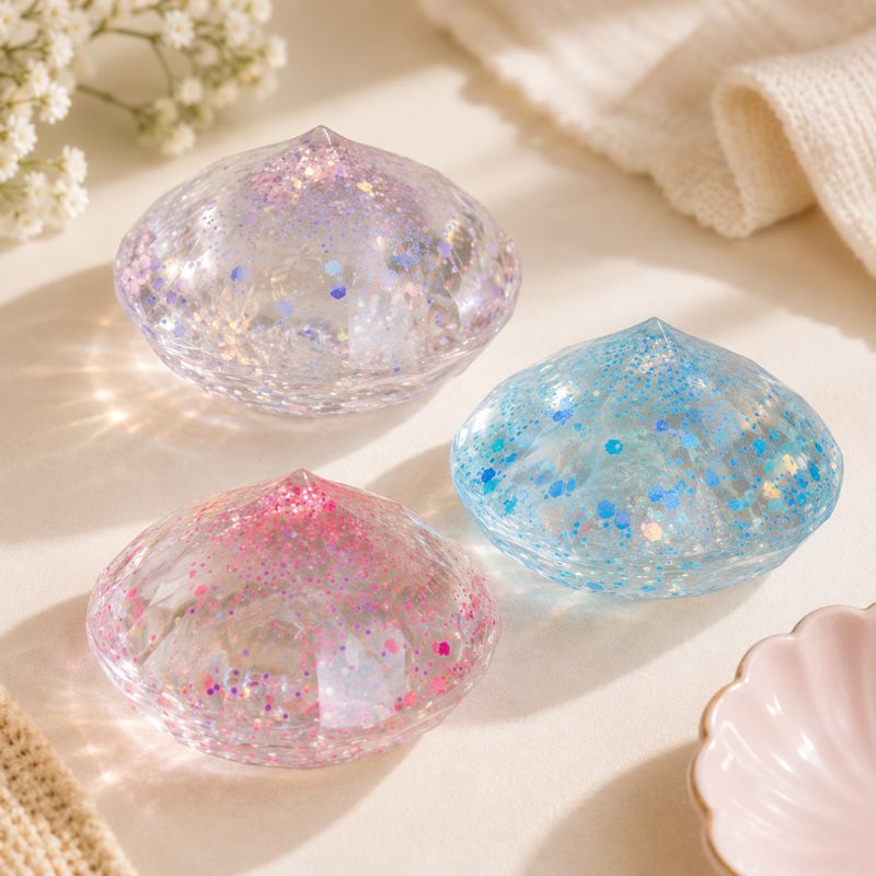 Three translucent, diamond-shaped decorative ornaments filled with glitter, shown in pink, blue, and iridescent tones on a soft cream surface with small floral props.