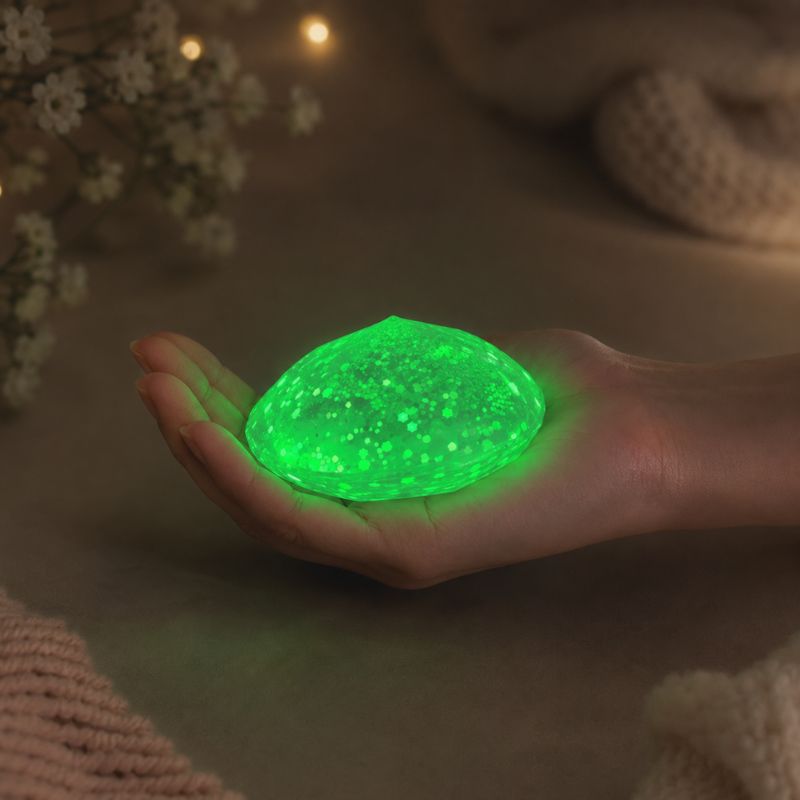 A hand holding a glowing green, oval-shaped decorative object with a sparkling texture, set against a cozy, softly lit background with blurred flowers and knit textures.