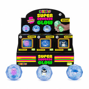 Smooshos Super Squeeze Glow Sea Animal Diamond Sphere display with three collectible squishy glow toys