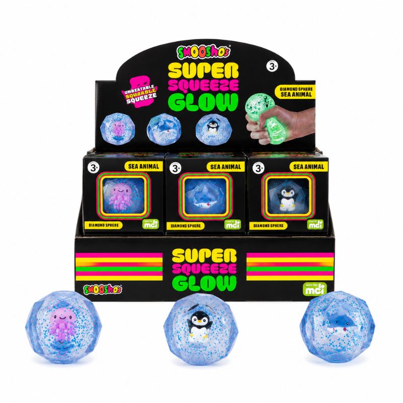 Smooshos Super Squeeze Glow Sea Animal Diamond Sphere display with three collectible squishy glow toys