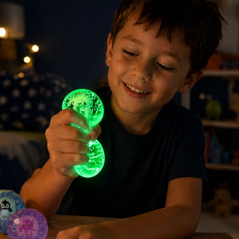 Child squeezing a glowing green sea animal squishy toy during nighttime play