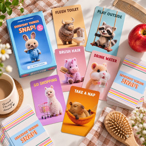 Everyday Things Snap card game with box, cards and playful daily routine scenes