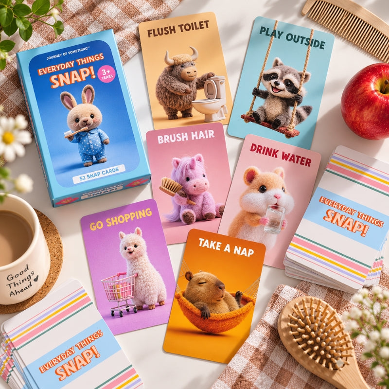Everyday Things Snap card game with box, cards and playful daily routine scenes