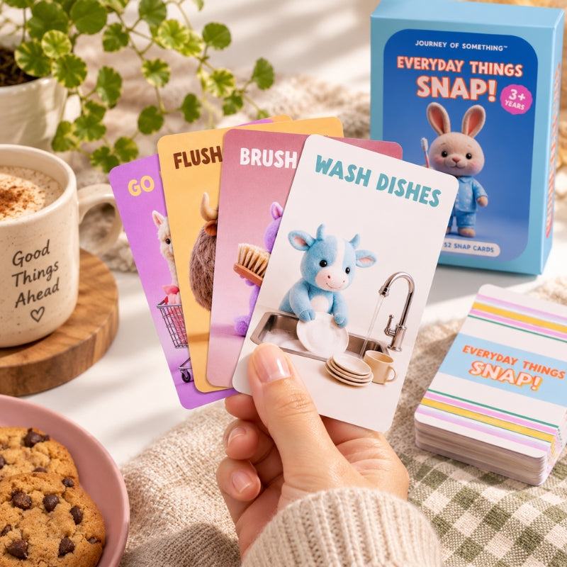 A hand holds a fanned-out set of colorful snap cards from Everyday Things Snap!, with the blue product box standing in the background on a styled tabletop beside a mug, plant, and cookie.