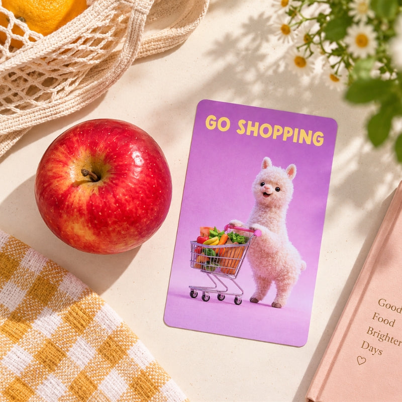 Go Shopping Everyday Things Snap card styled with a red apple and picnic accessories