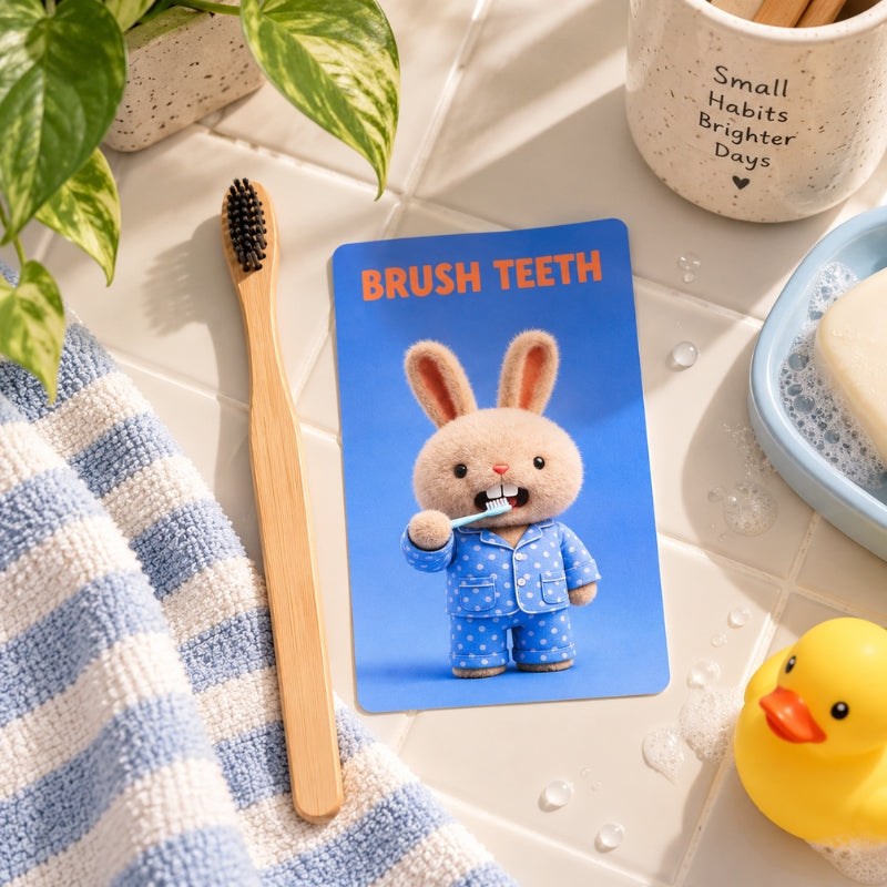 Brush Teeth Everyday Things Snap card styled with a toothbrush and bathroom accessories