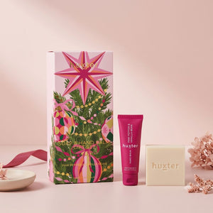 Huxter Soap and Hand Balm Gift Set in an aesthetic blush studio setting with hand balm and soap