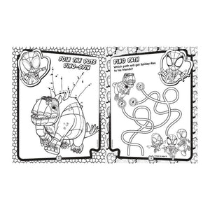 Two coloring pages with Spider-Man and a dinosaur on a white background