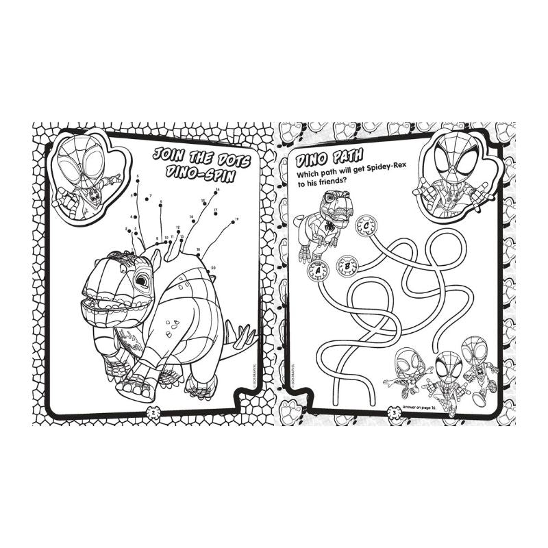 Two coloring pages with Spider-Man and a dinosaur on a white background