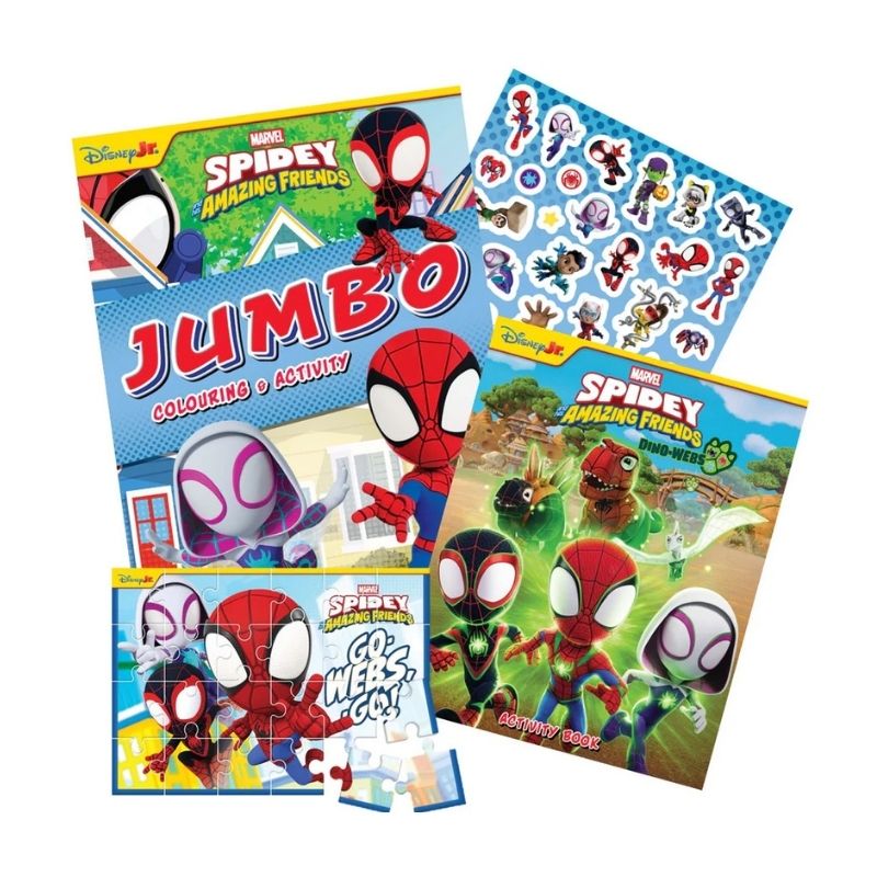 Spider-Man themed activity books and stickers on a white background