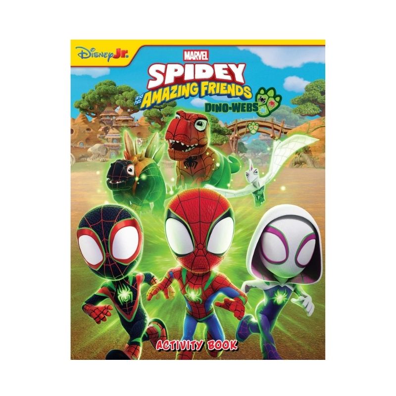 Activity book cover featuring Spider-Man and friends with a dinosaur character, on a white background.