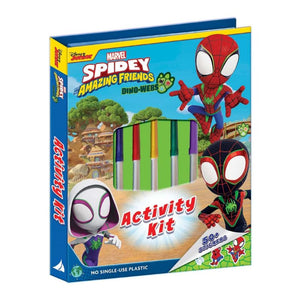 Marvel Spidy the Amazing Friends Dino-Web Activity Kit box, featuring colorful cartoon Spider-Man illustrations and a depiction of the activity kit's markers on the front cover.