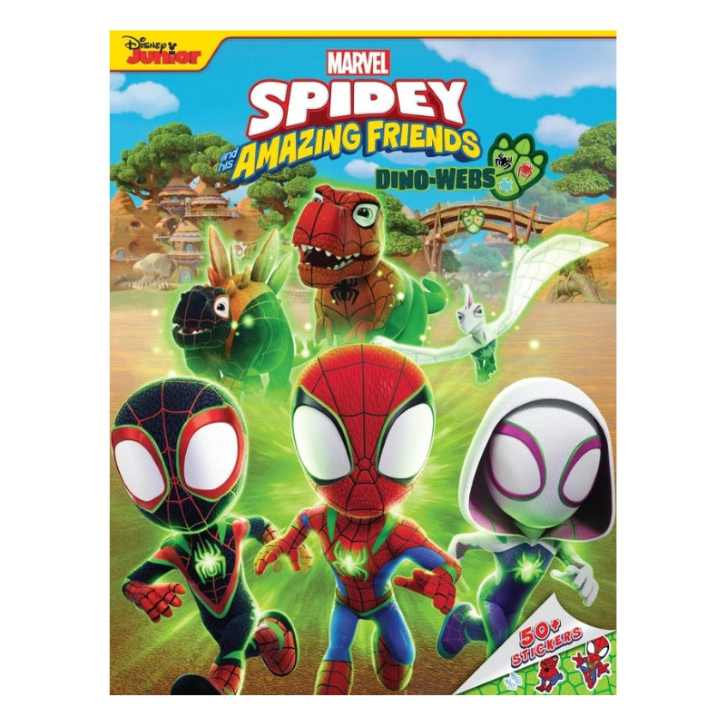 Disney Junior Marvel Spidey & the Amazing Friends Dino-Webs children's activity book cover, featuring cartoon Spider-Man characters and dinosaurs on a colorful illustrated background.