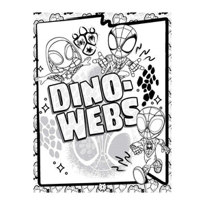 Black and white coloring page featuring Spider-Man characters with the text 'DINO-WEBS' in large bold letters, surrounded by dinosaur and web motifs.