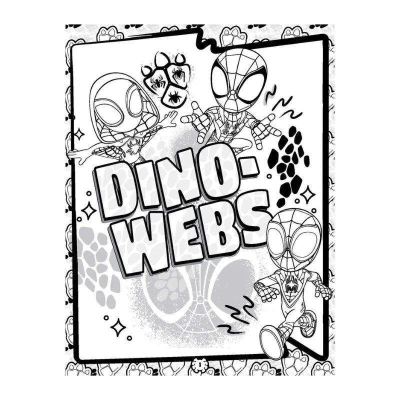 Black and white coloring page featuring Spider-Man characters with the text 'DINO-WEBS' in large bold letters, surrounded by dinosaur and web motifs.