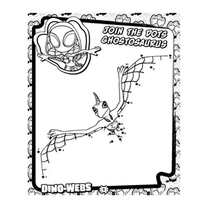 Black and white Spider-Man themed coloring page featuring a dot-and-write Ghostosaurus activity, with the text 'JOIN THE DOTE GHOSTOSaurus' and 'DINO-WEBS' branding.