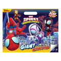 Marvel Spidey and the Amazing Friends Giant Activity Pad featuring colorful comic-style artwork of Spider-Man characters, a city skyline, and promotional text including 'Over 100 Stickers!'.