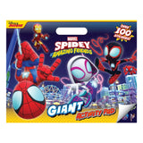 Marvel Spidey and the Amazing Friends Giant Activity Pad featuring colorful comic-style artwork of Spider-Man characters, a city skyline, and promotional text including 'Over 100 Stickers!'.