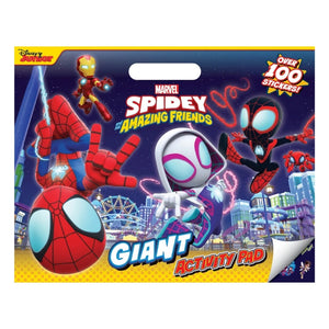 Marvel Spidey and the Amazing Friends Giant Activity Pad featuring colorful comic-style artwork of Spider-Man characters, a city skyline, and promotional text including 'Over 100 Stickers!'.