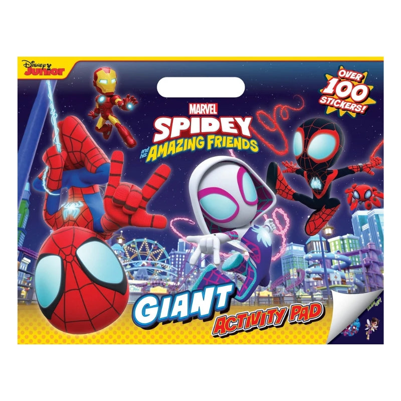 Marvel Spidey and the Amazing Friends Giant Activity Pad featuring colorful comic-style artwork of Spider-Man characters, a city skyline, and promotional text including 'Over 100 Stickers!'.